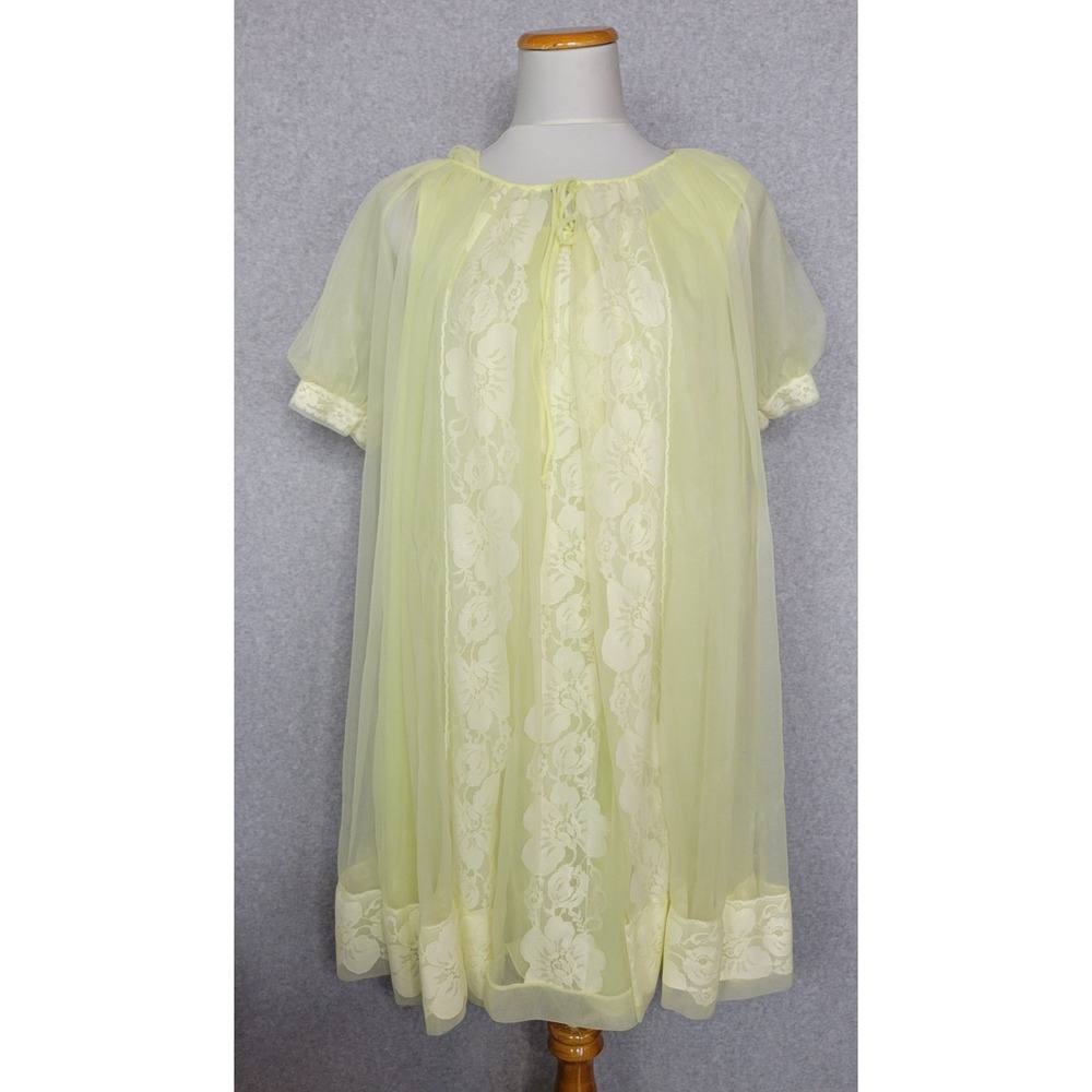 Vintage Gaymode Penneys Yellow Lace Nightgown Robe Set Sheer Peignoir 2PC Set L